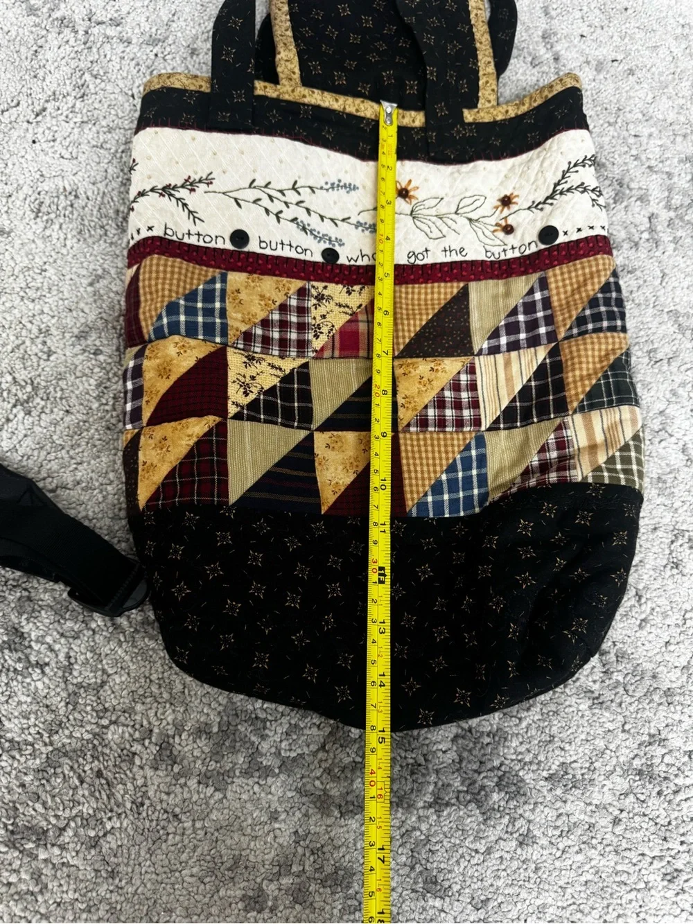 Handmade Primitive Patchwork Quilted Tote Bag Embroidered Folk Art